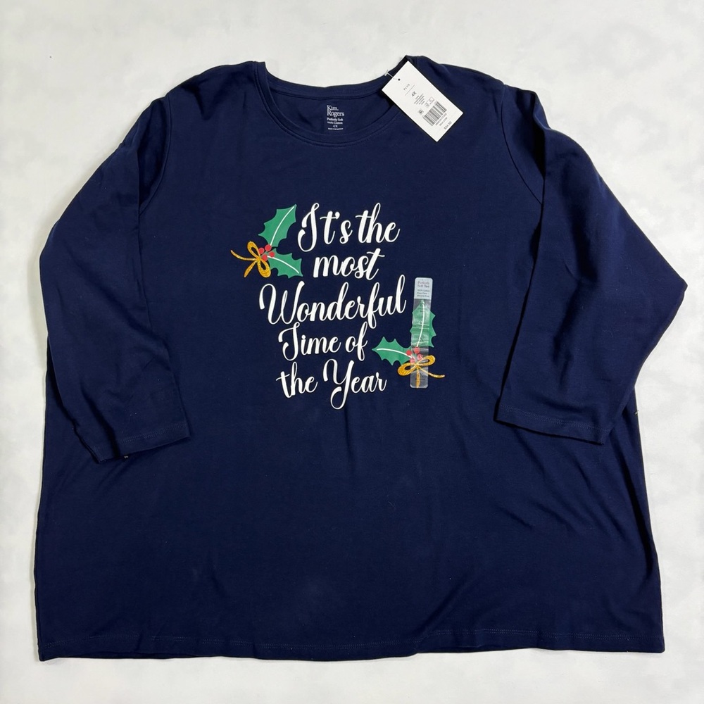 Kim Rogers Christmas Holiday Top Women 4X Navy Blue 3/4 Sleeve Festive Shirt NWT